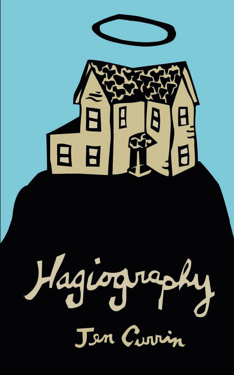Hagiography cover illustration of house on a hill with a halo above it